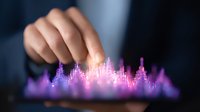 Glowing purple financial chart hologram with hand interaction showing digital market data visualization for business analytics and technology.
