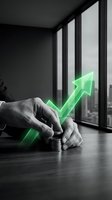 Businessman hands stacking coins with glowing green growth arrow in modern office showing financial success and investment profit increase.