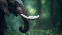 African elephant with impressive ivory tusks in lush green forest, showcasing wildlife in natural habitat.