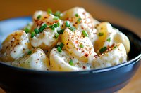 Creamy potato gnocchi in black ceramic bowl garnished with fresh chives and paprika, served on wooden table with soft natural lighting and shallow depth of field.
