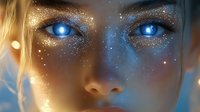 Woman with glowing blue eyes and golden sparkle makeup, futuristic fantasy portrait for digital art, sci-fi design, and creative projects.