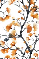 Orange ginkgo leaves on black branches watercolor pattern. Delicate botanical illustration on white background for fabric, wallpaper and stationery design.