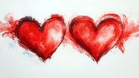 Red watercolor hearts with expressive brushstrokes and splatter effects on white background, romantic artistic illustration for Valentine's Day designs and love concepts.