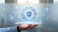 Business professional holding smartphone displaying verified trust digital certification badge with network connections for cybersecurity concepts.