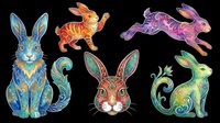 Colorful decorative rabbits and hares with ornamental patterns, isolated on transparent background. Ready for t-shirt design, clipart, stickers, sublimation, and print-on-demand projects.