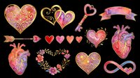 Ornate anatomical hearts with decorative gold swirls, floral wreaths, keys, arrows, and romantic symbols in pink, purple, and gold tones isolated on transparent background. Ready for t-shirt designs, stickers, sublimation, print-on-demand products, and digital crafts.