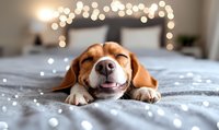 Happy Beagle dog lying on bed with fairy lights bokeh in background, smiling with closed eyes and relaxed expression, cozy home atmosphere and pet comfort.