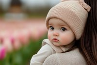 Sweet baby wearing beige knit hat and sweater looking away thoughtfully against blurred pink tulip garden background, soft natural lighting creates gentle portrait.