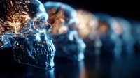 Digital skull with glowing neural networks and sparks representing artificial intelligence, machine learning and futuristic technology concepts.