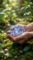Cupped hands holding a glowing holographic plant with digital eco icons in a lush green forest, symbolizing sustainable technology and environmental innovation.
