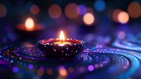 Ornate oil lamp with glowing flame surrounded by colorful bokeh lights creating magical festive atmosphere for celebration and spiritual ceremonies.