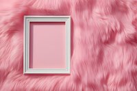 White wooden frame on pink fluffy faux fur background with copy space. Soft feminine texture creates dreamy romantic mood for beauty and fashion designs.