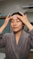 Young Asian woman applying facial cream with both hands in bathroom wearing gray bathrobe with eyes closed during morning skincare routine.