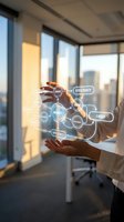 Business professional displaying digital innovation network with efficiency and growth concepts in modern office environment for corporate presentations.