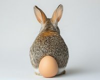 Funny Easter concept with brown rabbit back view and chicken egg on light background, creative minimal holiday composition for greeting cards.