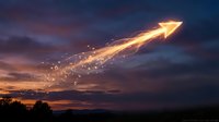 Glowing golden arrow streaking across dramatic twilight sky with sparkling trail, symbolizing growth, success, and upward momentum in business concepts.