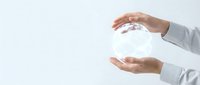 Professional hands in white sleeves protecting transparent glass sphere on clean background symbolizing care, protection and security concepts.