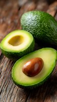Fresh ripe avocado cut in half showing creamy flesh and brown seed on rustic wooden background, popular superfood for healthy eating.