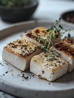 Grilled tofu steaks seasoned with black pepper and fresh herbs served on white ceramic plate, close-up view showing texture and grill marks for healthy cuisine.