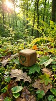 Wooden cube with green heart symbol resting on forest floor among fallen leaves and ferns with warm sunlight filtering through trees for eco-friendly concepts.