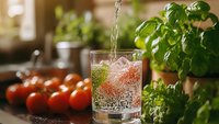 Refreshing sparkling water being poured into glass with fresh basil and cherry tomatoes on kitchen counter for healthy hydration and cooking preparation.