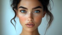 Young woman with freckles and blue eyes looking at camera with natural makeup and messy updo hairstyle against soft gray background for beauty concepts.