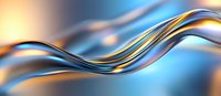 Flowing metallic waves create dynamic motion against blurred blue and gold background, featuring smooth curves and glossy reflective surfaces for modern design projects.