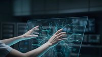 Hands interacting with futuristic holographic interface displaying glowing network connections and digital data visualization on transparent screen.