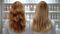 Two women with long wavy blonde hair shown from behind in hair salon, displaying different shades of golden and platinum blonde against blurred background of styling products.