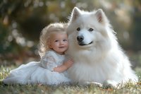 Adorable young girl in white lace dress sitting with fluffy Samoyed dog on grass in soft natural lighting, creating heartwarming family moment during outdoor photoshoot.