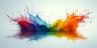 Vibrant rainbow color splash explosion with water reflection creates dynamic motion effect, featuring red, blue, yellow and orange paint splatter on light background.