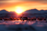 Silhouette of wild reindeer walking on snowy terrain during dramatic arctic sunset, mountains in background, orange sky creates mystical winter atmosphere.