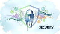 Digital cybersecurity concept with padlock shield and hexagonal elements on watercolor background for technology protection design.