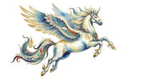 Ornate flying unicorn with wings, decorated in blue and gold patterns, isolated on transparent background. Great for stickers, t-shirt design, and print on demand.