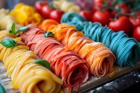 Colorful fresh pasta noodles in vibrant yellow, pink, orange and blue arranged in neat rows on wooden board with cherry tomatoes and basil leaves, perfect for Italian cuisine.