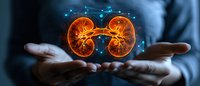 Glowing orange kidneys floating above hands with digital medical network connections on dark background, representing healthcare technology and nephrology.