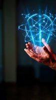Hand holding glowing blue holographic globe with network connections and data points floating above palm representing global connectivity and digital transformation.