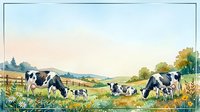 Herd of black and white dairy cows grazing in rolling pasture with golden wheat fields and distant mountains at sunrise or sunset for agricultural and farm-related designs.