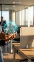 Businessman holding glowing digital globe with network connections in modern office environment, representing global business, technology innovation, and international commerce solutions.