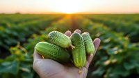 Fresh green cucumbers held in farmer's hand at sunset in agricultural field rows. Organic vegetable harvest concept for healthy eating and farming.
