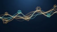 Abstract network connection with glowing nodes and flowing lines on dark blue background for technology and digital communication concepts.