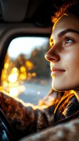 Young woman gazing through car window at sunset, warm golden light illuminating profile, peaceful expression on face as sunlight creates bokeh effect in background.
