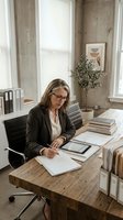 Middle-aged woman with shoulder-length brown hair and glasses, wearing black blazer over white shirt, working at wooden desk in modern office with concrete walls, natural light, tablet and documents nearby.