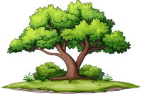 Cartoon green tree with lush foliage on small grassy island, isolated illustration for children's books, educational materials, and game design.