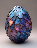Dragon egg with iridescent blue and copper scales featuring intricate overlapping pattern and marble-like texture on neutral background, fantasy art concept.