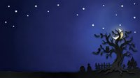 Spooky silhouette of gnarled tree with bats flying against starry night sky and graveyard fence, perfect for Halloween designs and seasonal decorations.
