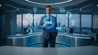 Professional businessman in modern office interacting with holographic FAQ interface displaying question marks and Q&A symbols in futuristic workspace.