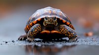 Eastern box turtle close-up on wet ground showing detailed shell pattern and facial features in natural environment with soft bokeh background and reflection.