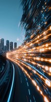 Digital data stream with glowing binary code flowing over urban skyline at dusk, representing smart city technology and high-speed connectivity.