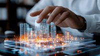 Digital smart city hologram with glowing buildings and network connections under businessman hand, showing urban planning and infrastructure development.